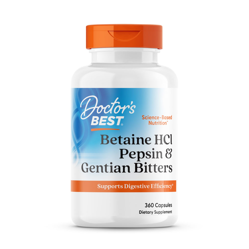 Doctor's Best Betaine HCl Pepsin bottle front supports digestive comfort
