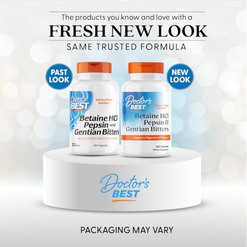 Doctor's Best Betaine HCl Pepsin bottle label shows ingredients and quality
