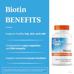 Close-up of Doctor's Best Biotin capsules showing vegan, non-GMO formula.
