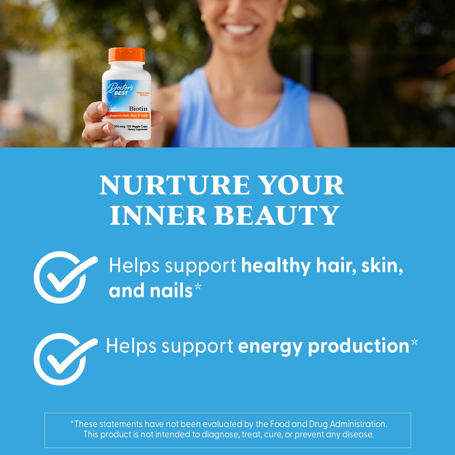Packaging shows vegan and gluten-free indicators for Doctor's Best Biotin.