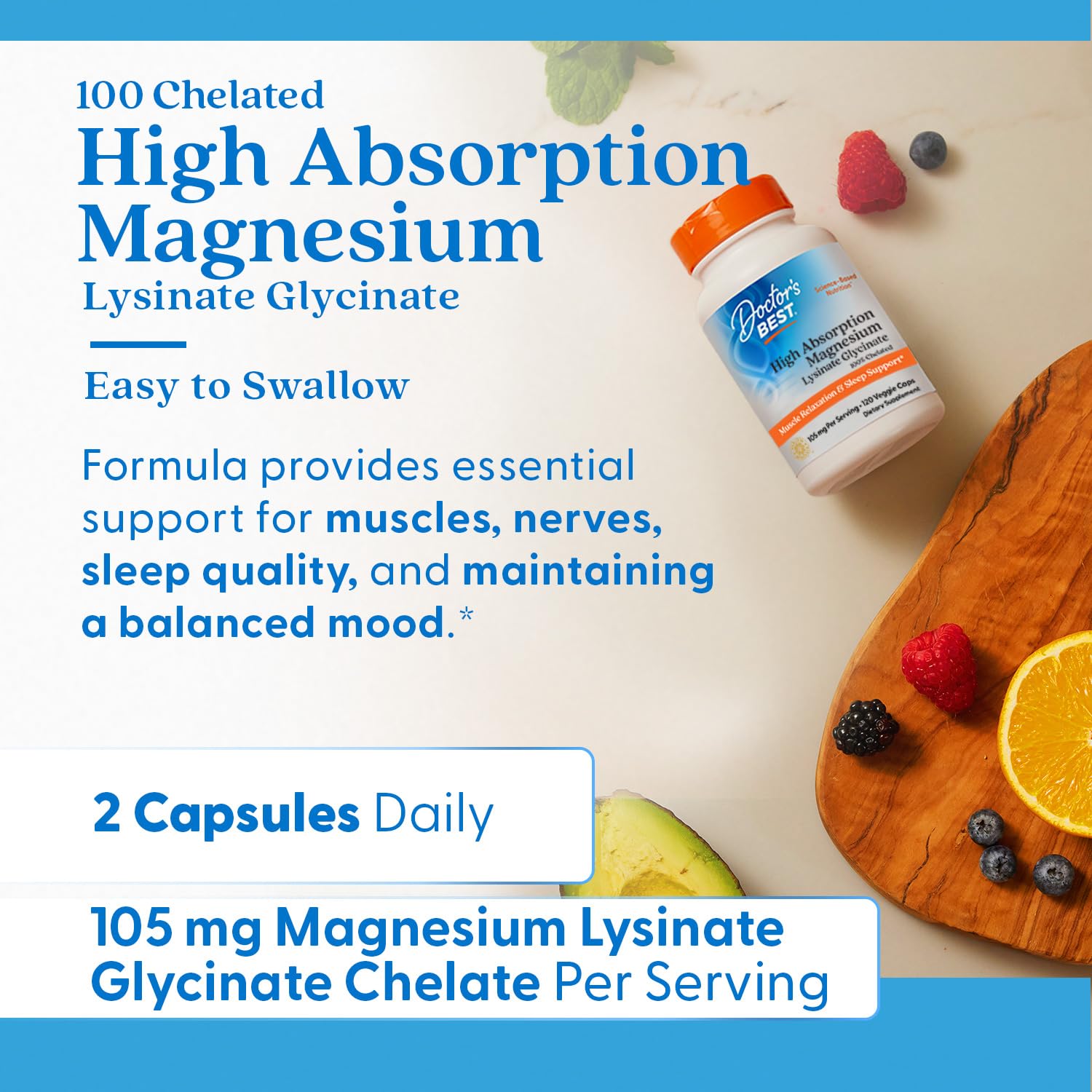 Bottle of Doctor's Best magnesium on a kitchen counter for daily routine.