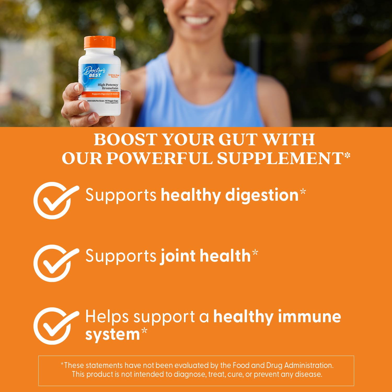 Doctor's Best Bromelain 3000-GDU graphic highlights potent proteolytic enzyme.