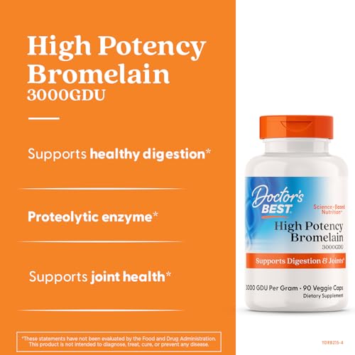 Doctor's Best Bromelain bottle label closeup highlights 3000 GDU potency.