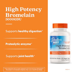 Doctor's Best Bromelain bottle label closeup highlights 3000 GDU potency.