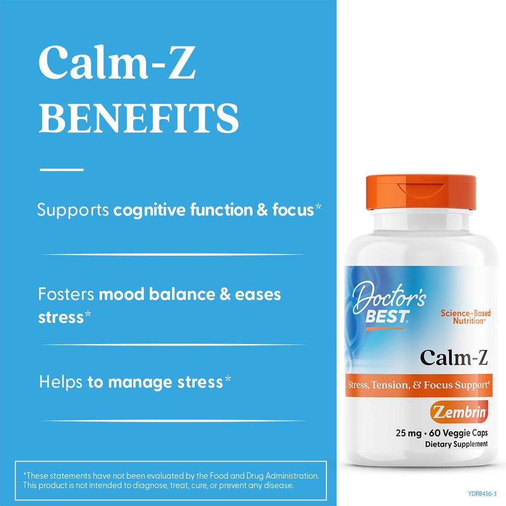 Doctor's Best Calm with Zembrin bottle side view highlights vegan formula