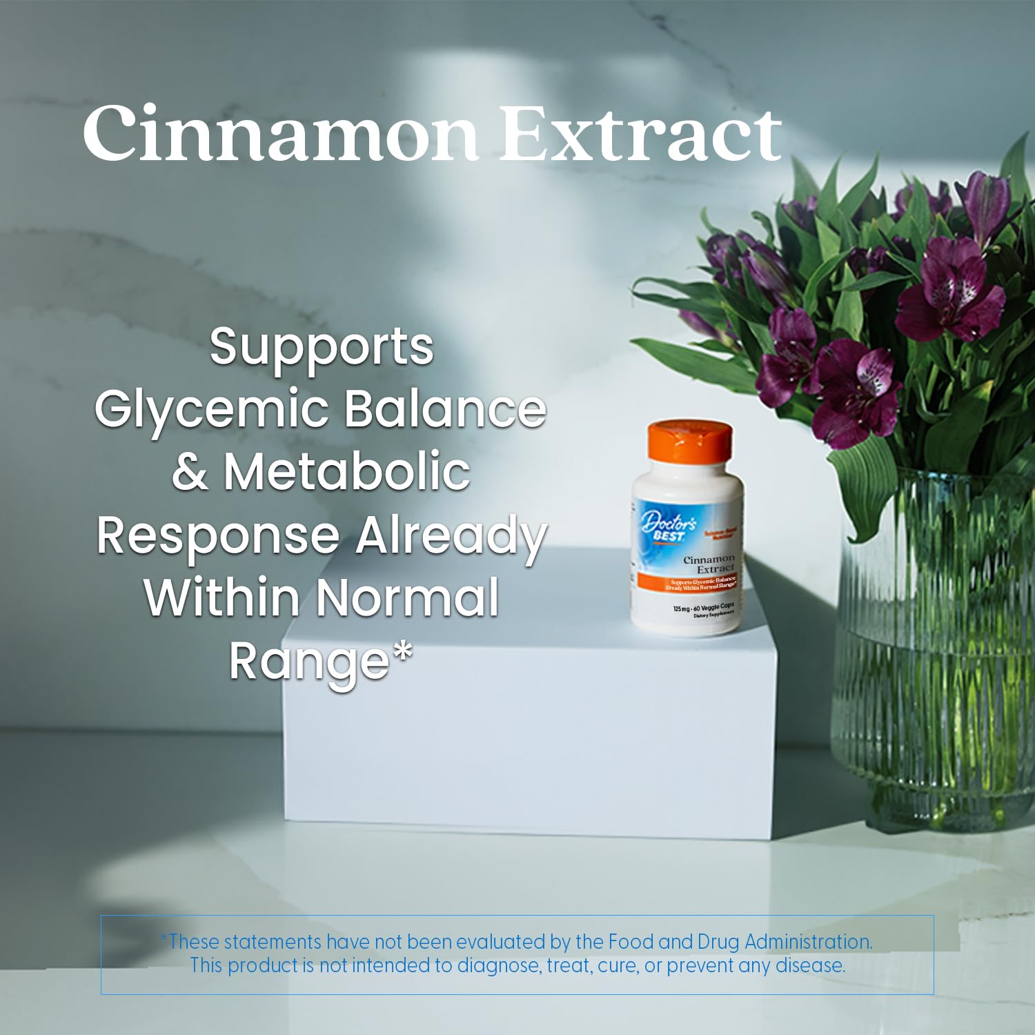 Doctors Best Cinnamon bottle on shelf communicating gluten-free and soy-free advantages.