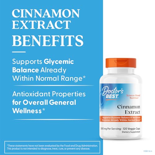 Doctors Best Cinnamon Extract with CinSulin capsules closeup highlighting antioxidant-rich support.
