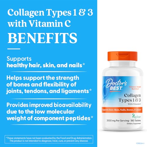 Close-up of Doctor's Best Collagen Types 1 & 3 capsules showing hydrolyzed peptides.
