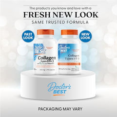 Doctor's Best collagen types 1 & 3 capsules close-up highlighting enzymatically hydrolyzed collagen