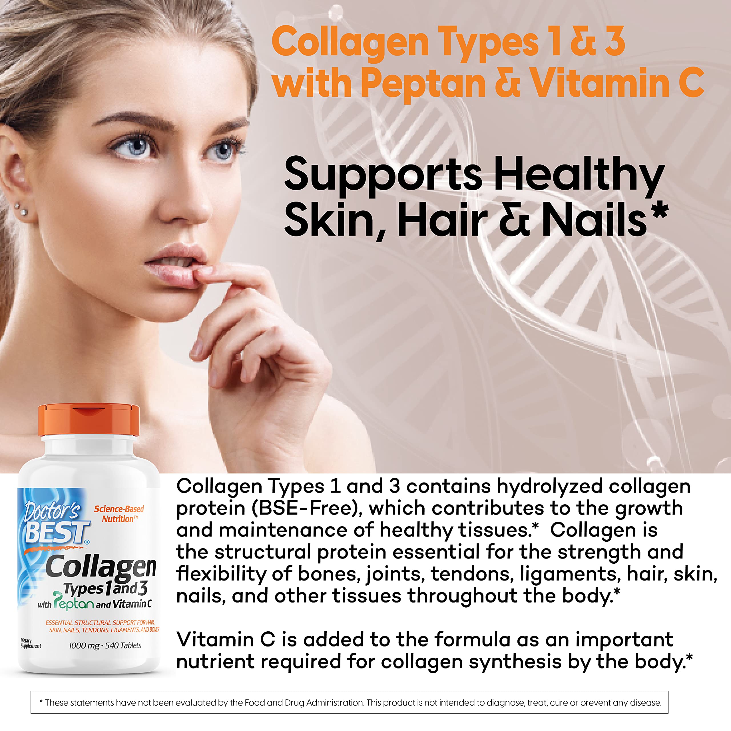 Front label of Doctor's Best collagen Types I & III product.