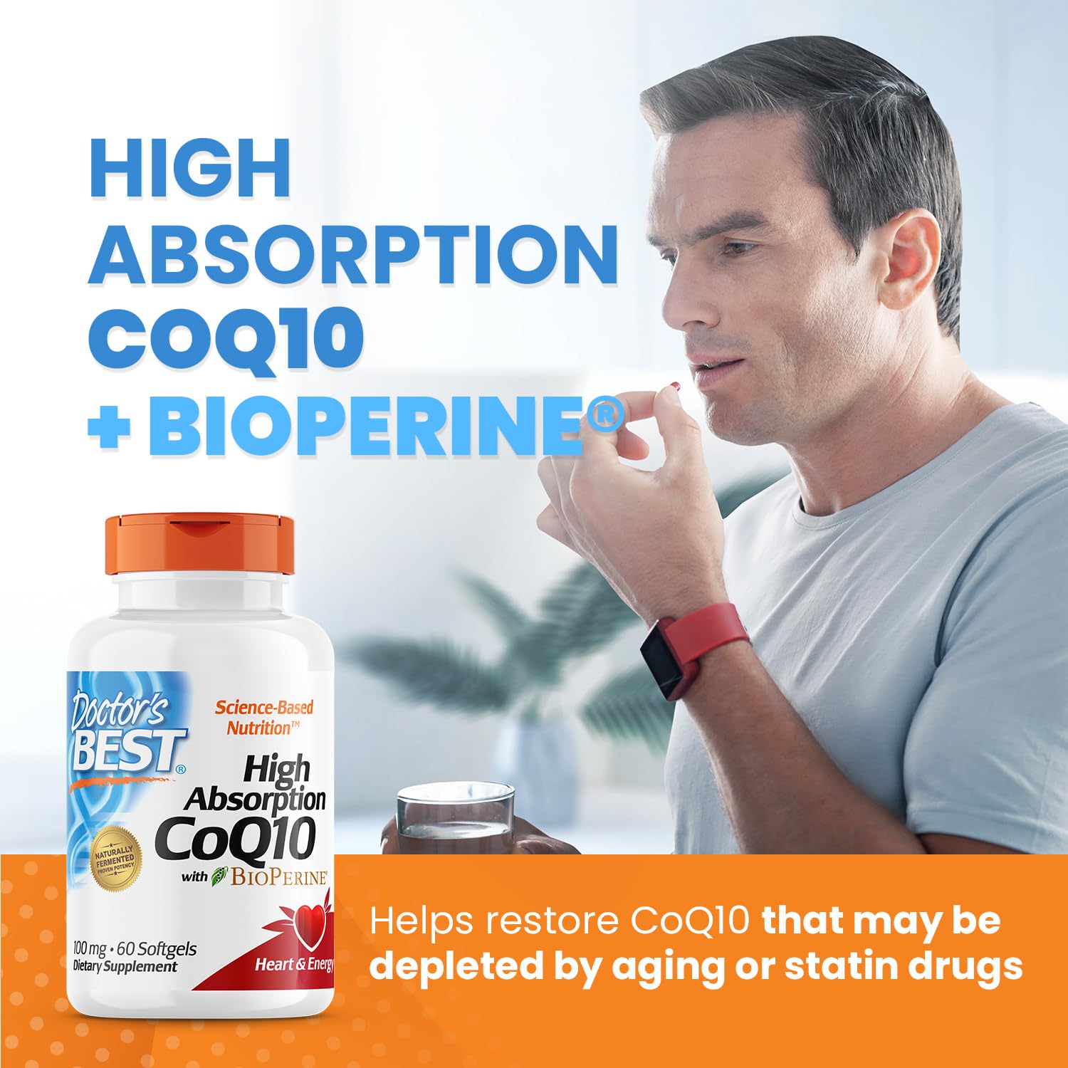 Doctor's Best CoQ10 amber bottle preserves freshness and potency.