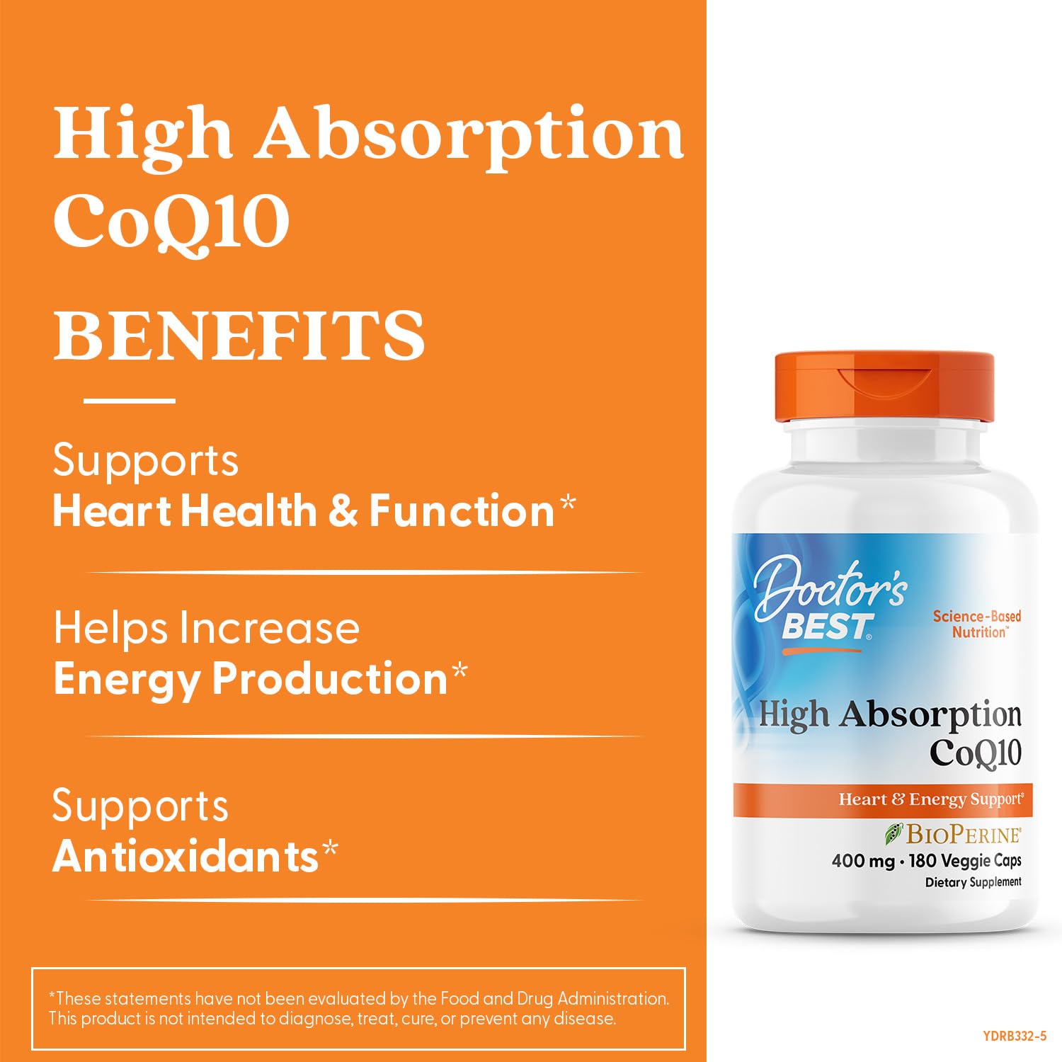 Close-up of Doctor's Best CoQ10 with BioPerine capsules emphasizing enhanced absorption.