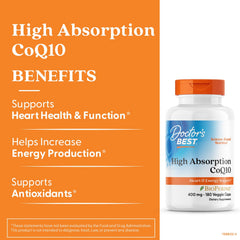 Close-up of Doctor's Best CoQ10 with BioPerine capsules emphasizing enhanced absorption.