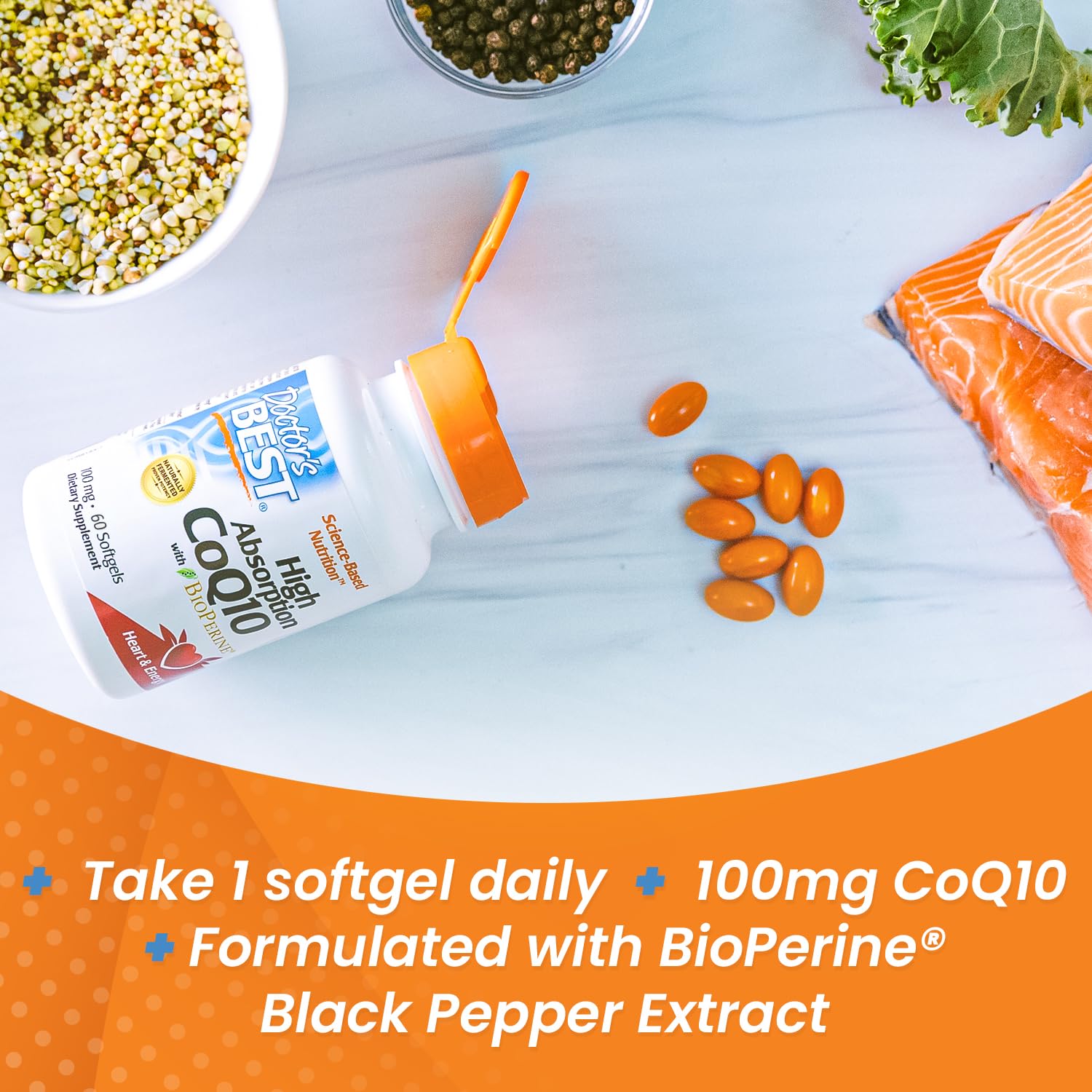 Doctor's Best CoQ10 bioperine graphic emphasizes enhanced bioavailability.