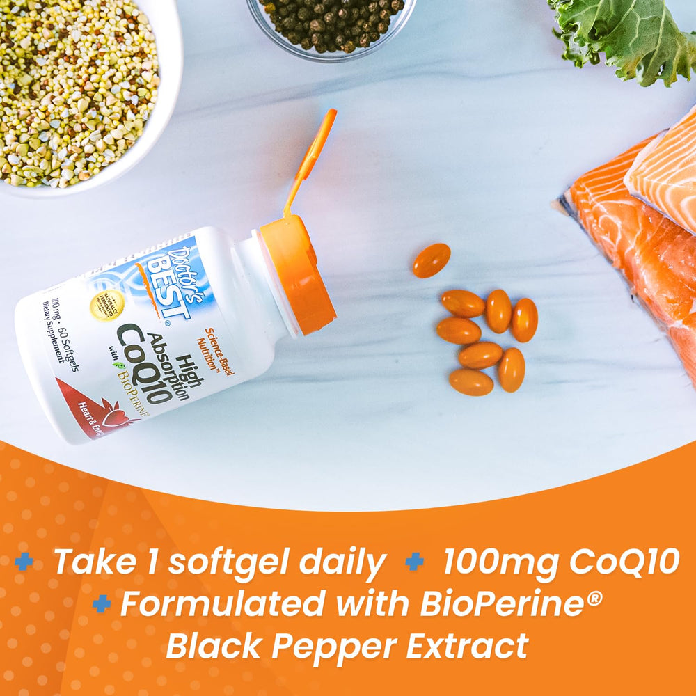Doctor's Best CoQ10 bioperine graphic emphasizes enhanced bioavailability.