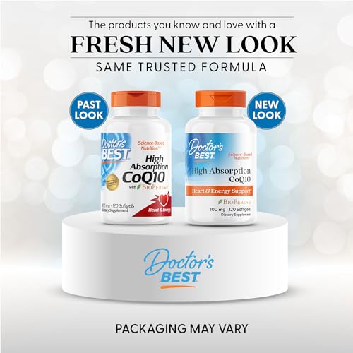 Doctor's Best CoQ10 BioPerine softgels close-up shows high absorption formula.