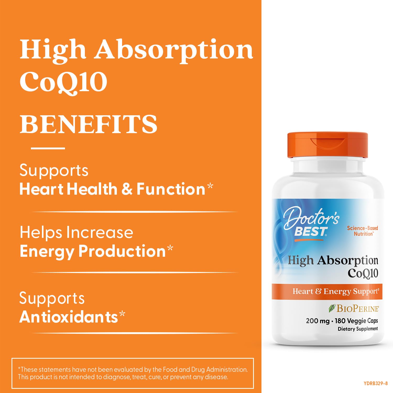 Doctor's Best CoQ10 bottle back label emphasizes absorption and bioavailability.