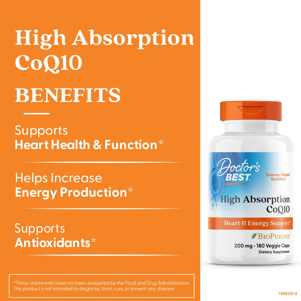 Doctor's Best CoQ10 bottle back label emphasizes absorption and bioavailability.