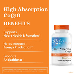 Doctor's Best CoQ10 bottle back label emphasizes absorption and bioavailability.