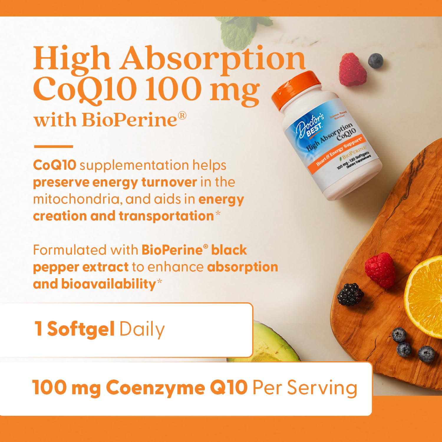 Doctor's Best CoQ10 bottle pour illustrates easy daily softgel intake.