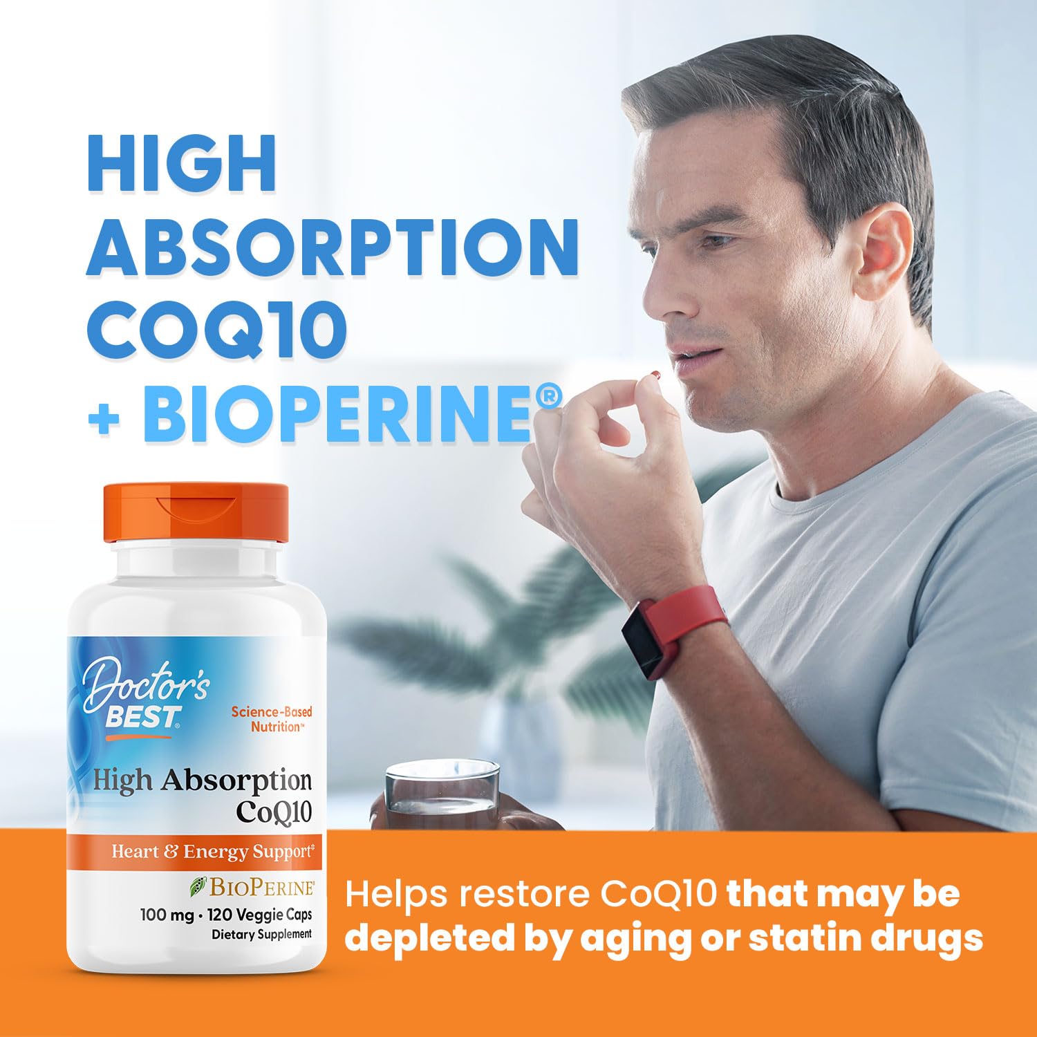 Doctor's Best CoQ10 bottle with glass evoking heart health