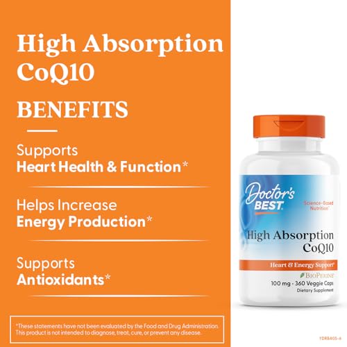 Doctors Best CoQ10 capsules closeup demonstrates vegan veggie capsules for heart energy support.