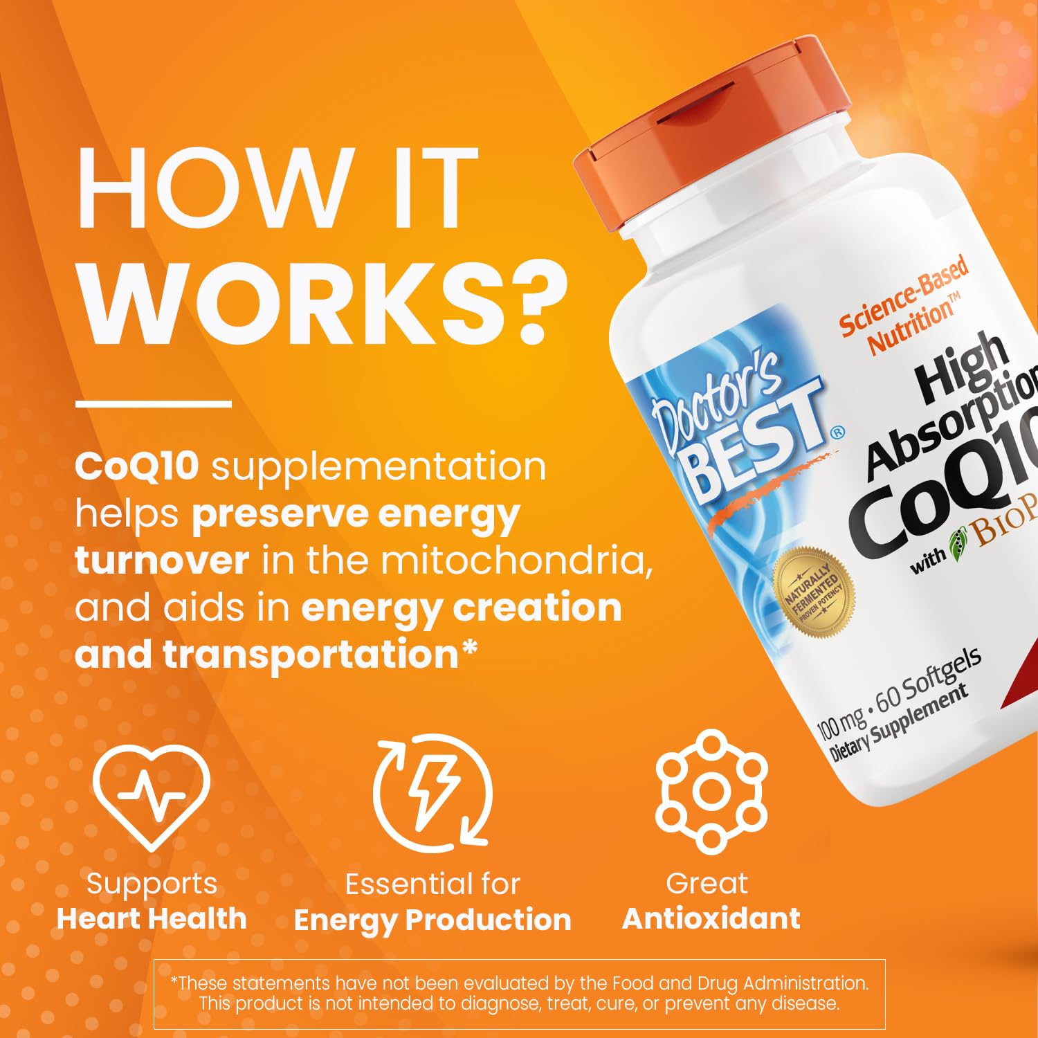 Doctor's Best CoQ10 fermented formula label highlights natural production and quality.
