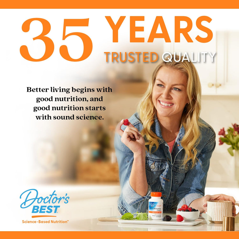 Doctor's Best CoQ10 packaging photo signaling comprehensive heart and cellular energy support.