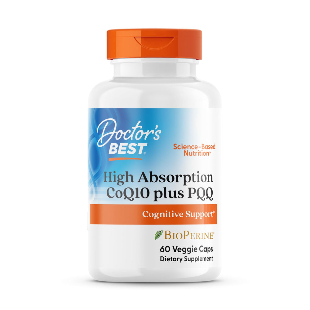Doctor's Best CoQ10+PQQ bottle front showing high absorption formula for energy support