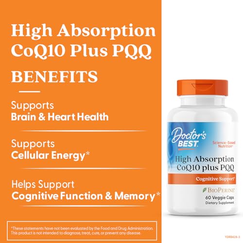 Doctor's Best CoQ10+PQQ capsules close-up highlighting cognitive support and focus