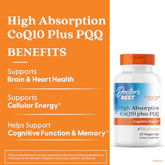 Doctor's Best CoQ10+PQQ capsules close-up highlighting cognitive support and focus
