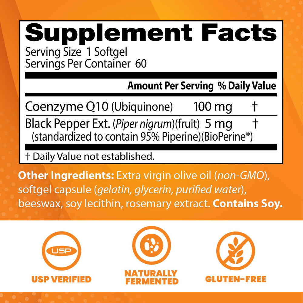 Doctor's Best CoQ10 softgels close-up for easy swallowing and absorption.