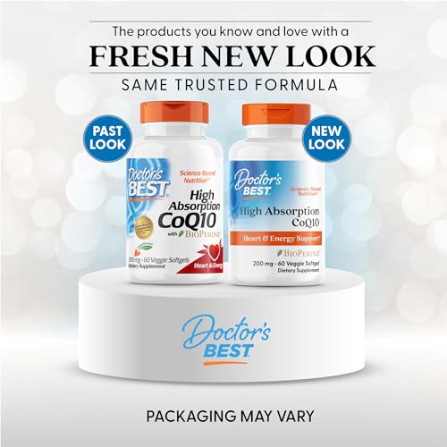 Doctor's Best CoQ10 softgels close-up highlighting vegetarian capsules for heart health.