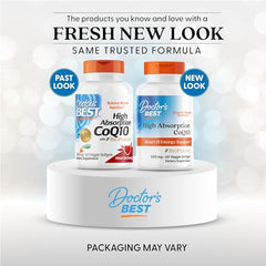 Doctor's Best CoQ10 softgels close-up highlighting vegetarian capsules for heart health.