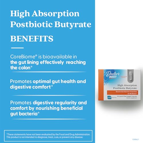 Doctor's Best Corebiome postbiotic capsules on bottle supporting balanced microbiome.