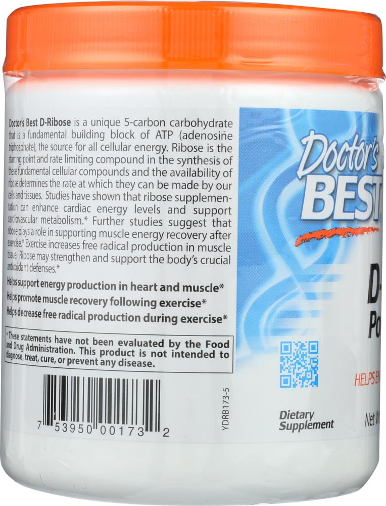 Doctor's Best D-Ribose bottle back label explains ingredients and vegan, gluten-free formulation.