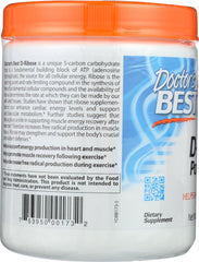 Doctor's Best D-Ribose bottle back label explains ingredients and vegan, gluten-free formulation.