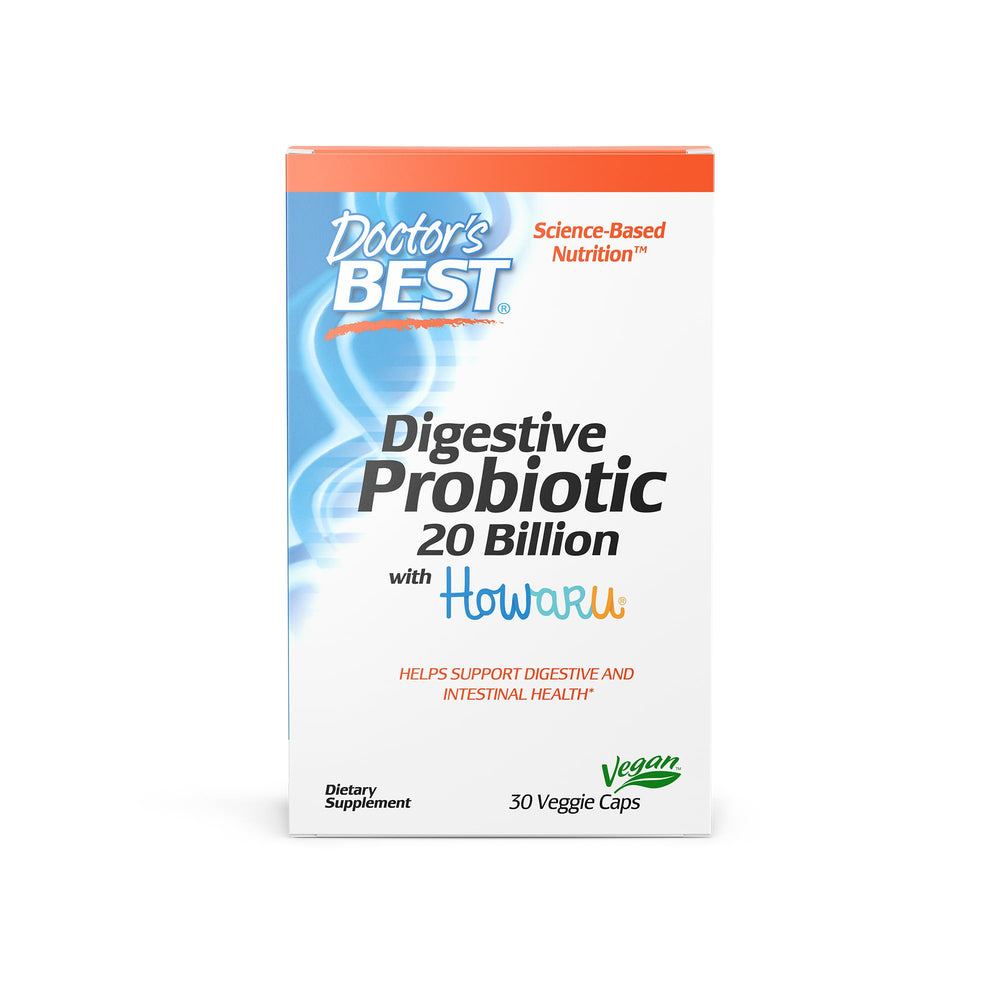 Doctors Best Digestive Probiotic bottle showing Howaru for digestive comfort and balance.