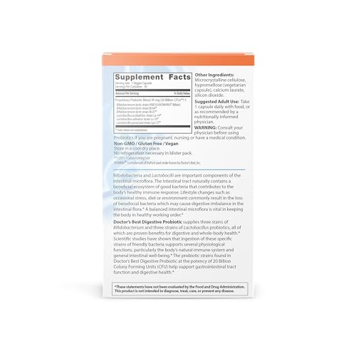 Label close-up of Doctors Best probiotic highlighting non-GMO and vegan capsules.
