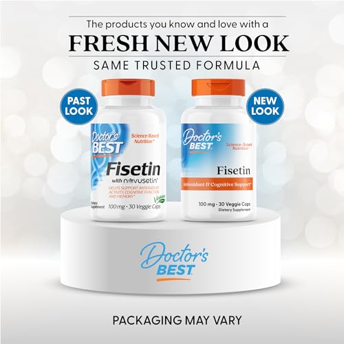 Doctor's Best Fisetin with Novusetin bottle back label highlighting non-GMO vegan formula