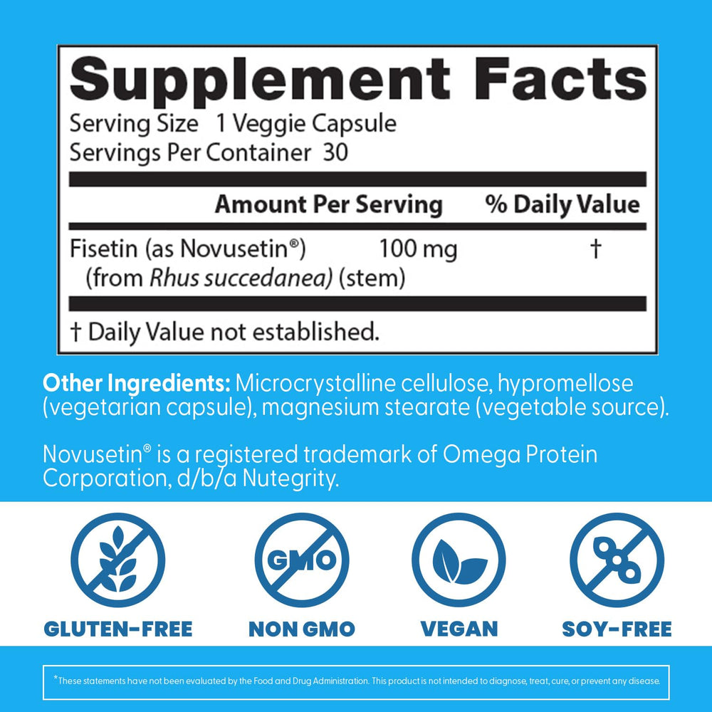 Packaging of Doctor's Best Fisetin with Novusetin on a shelf emphasizing clean-label design