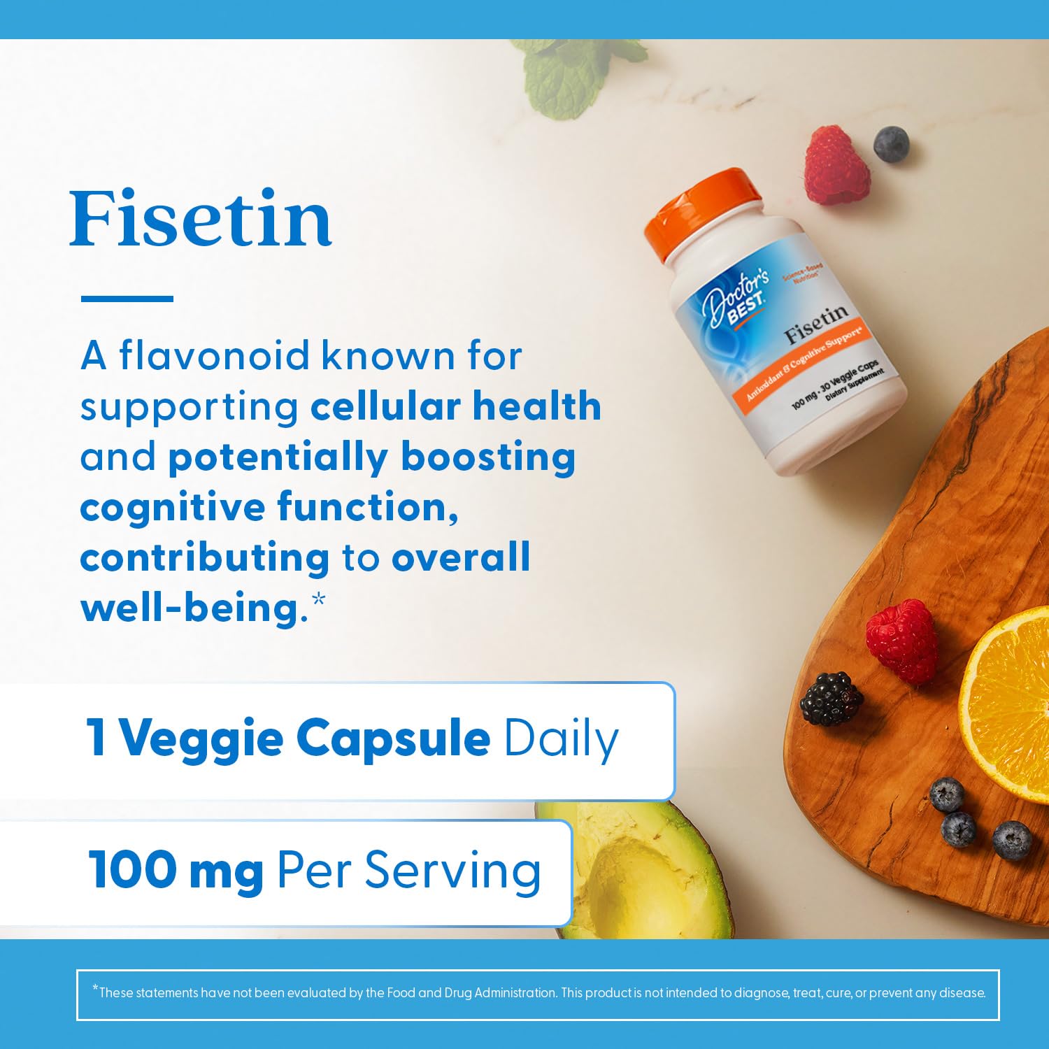Ingredient panel of Doctor's Best Fisetin with Novusetin stresses vegan and non-GMO composition