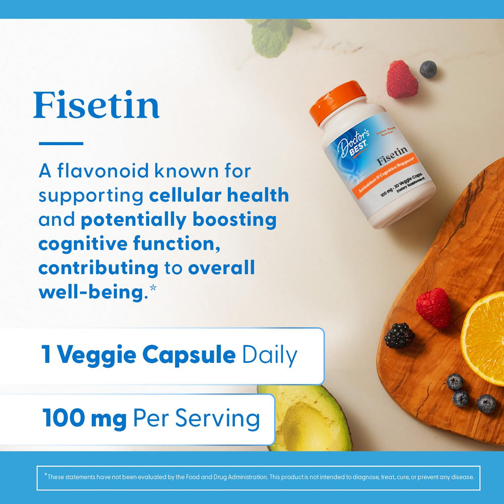 Ingredient panel of Doctor's Best Fisetin with Novusetin stresses vegan and non-GMO composition