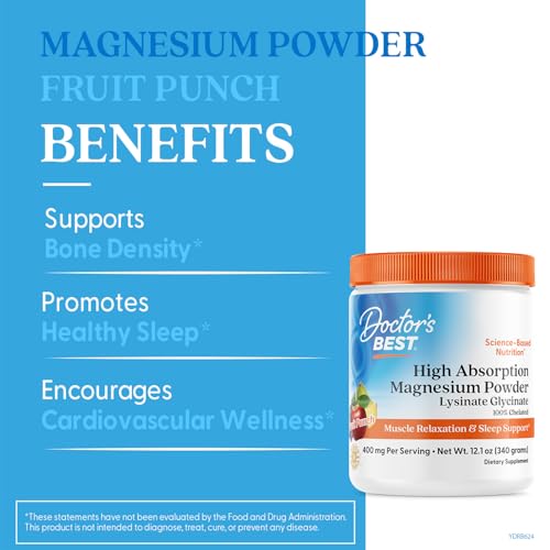 Doctor's Best fruit-punch magnesium powder bottle ready for flavorful daily routine.