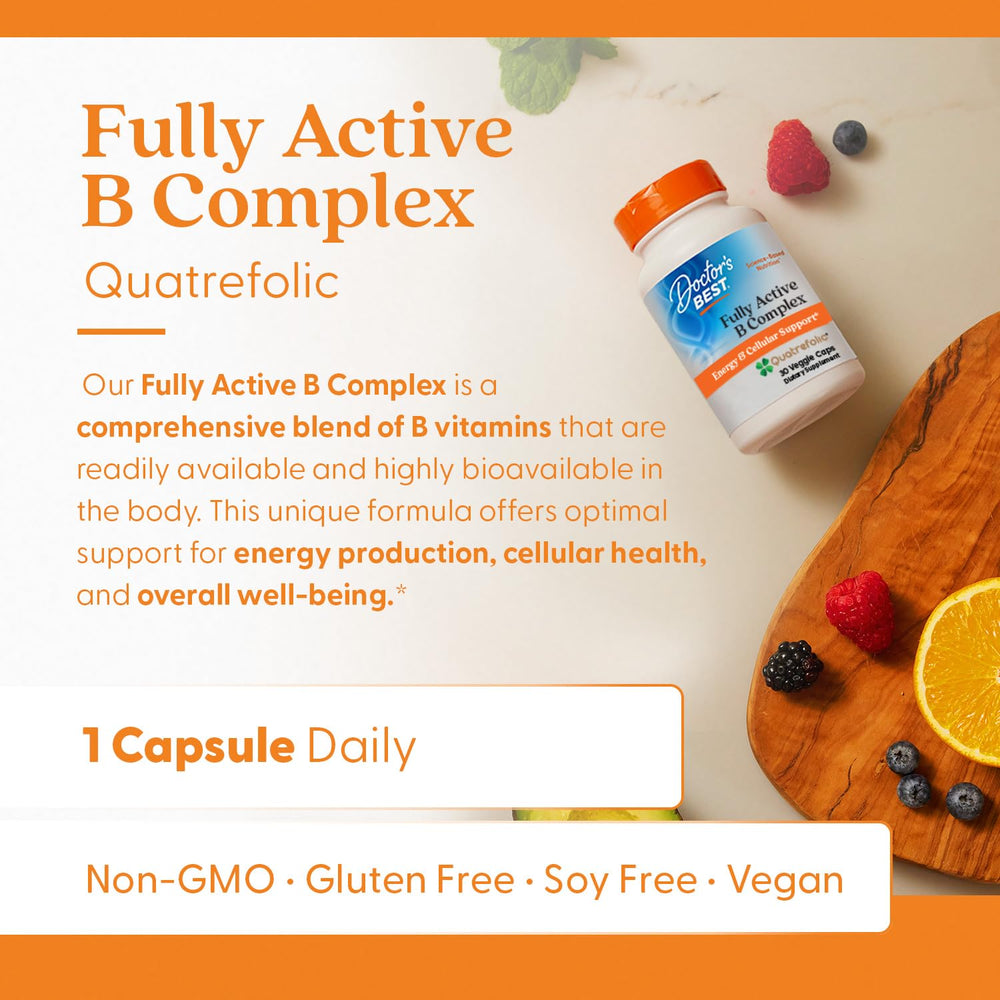Doctor's Best Fully Active B Complex bottle beside fruits for vitality.