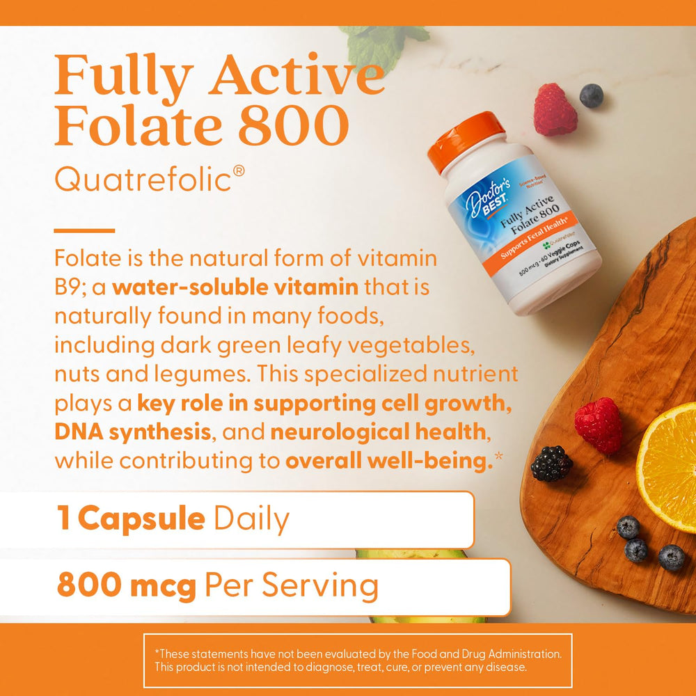 Product packaging displayed on a clean surface highlighting natural folate form and purity