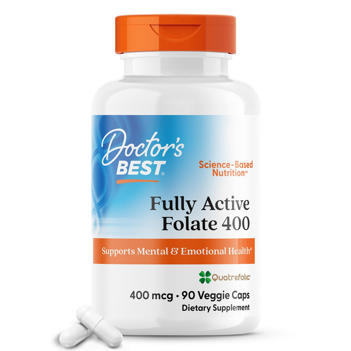 Doctor's Best Fully Active Folate bottle front showing label and Quatrefolic for bioavailability