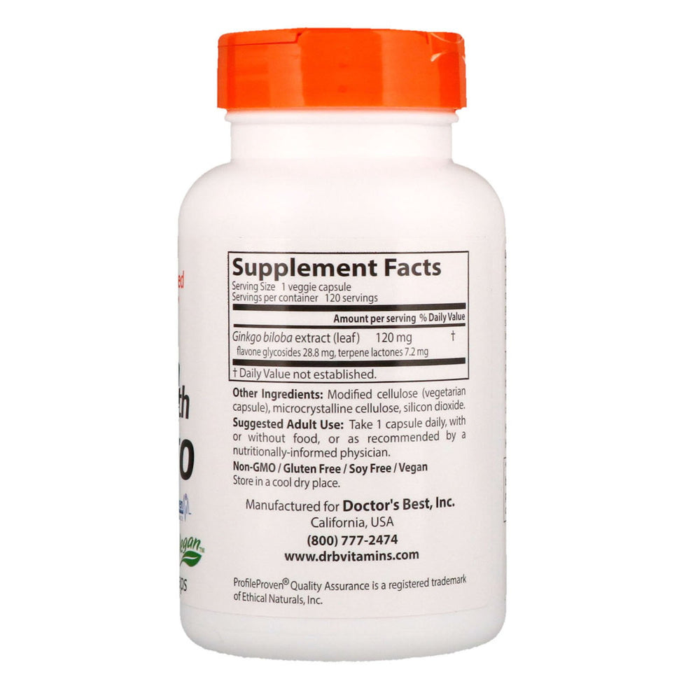 Close-up of Doctor's Best Ginkgo extract label highlighting quality and memory support