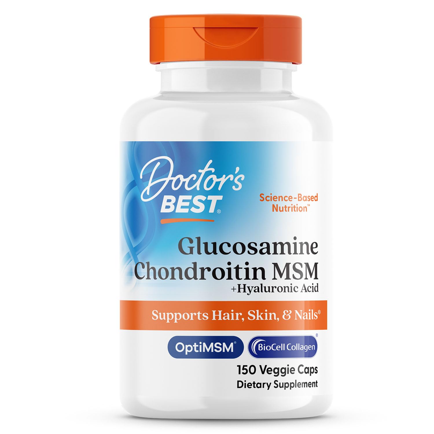 Doctor's Best Glucosamine Chondroitin MSM Hyaluronic Acid bottle highlighting joint support and mobility.