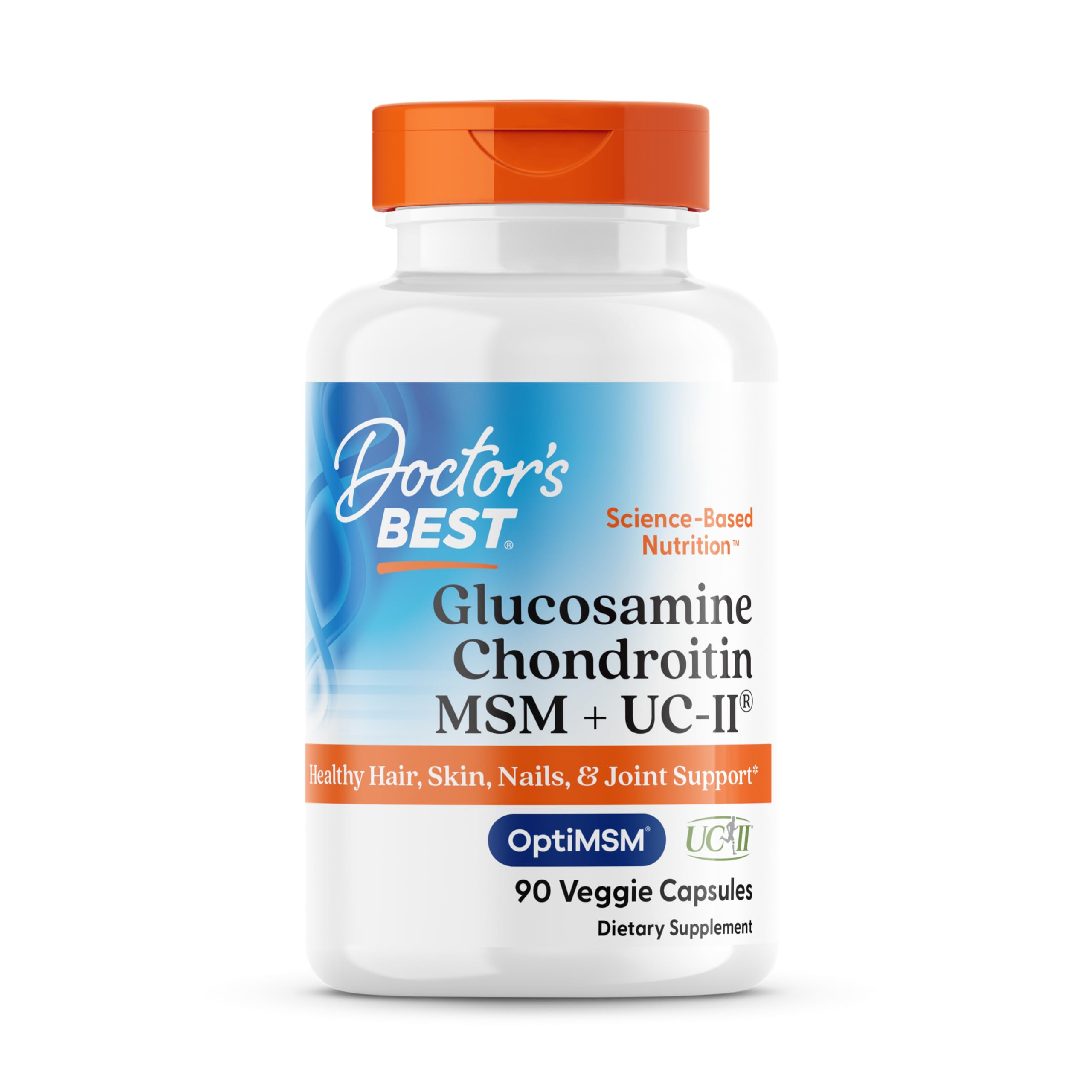 Doctor's Best Glucosamine-Chondroitin-MSM-UCII bottle closeup highlighting joint support